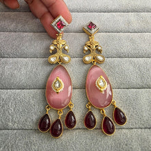 Ruby Pink Amrapali-inspired Long Gold Fusion Heritage Indian Earrings, Earring With Gold Plating, Fusion earrings, Kundan Fusion Earring