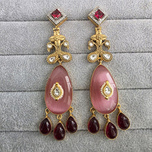 Ruby Pink Amrapali-inspired Long Gold Fusion Heritage Indian Earrings, Earring With Gold Plating, Fusion earrings, Kundan Fusion Earring