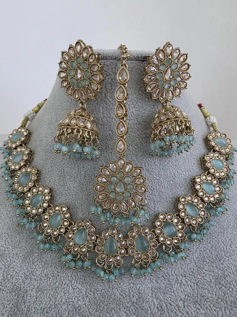 Aqua Blue Antique Polki Kundan necklace set/Reverse Ad Necklace/Statement necklace/Indian/Punjabi Necklace/Pakistani Jewelry/Bridal necklace