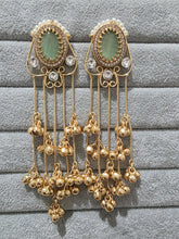 Mint Green Kashmiri Long earrings, Gold-plated Long Ghungroo Dangler Earrings/Brass/Ethnic Gungroo earring/Trendy earring Statement earring