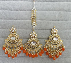 Orange Kundan Tikka Earrings Set /Indian Bridal Maang Tikka set/ Kundan earrings/ Jaggo, Mayya Jewelry/ Indian jewelry/ Bridesmaid Gift