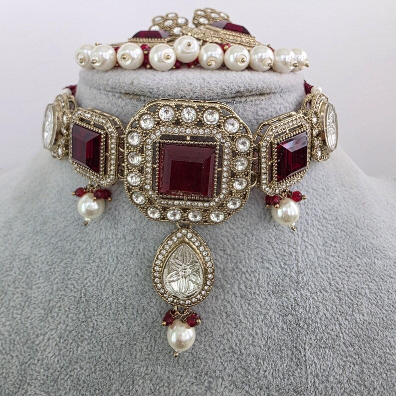 Maroon Red Pearl Kundan choker Necklace/Bollywood Jewelry/Indian bridal Kundan necklace/indian Pakistani Punjabi wedding jewelry