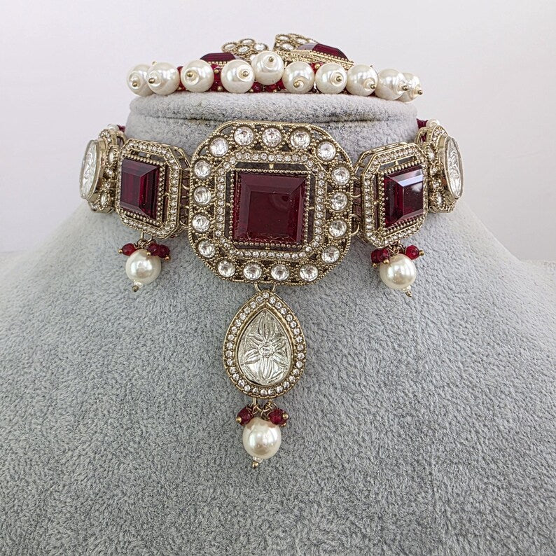 Maroon Red Pearl Kundan choker Necklace/Bollywood Jewelry/Indian bridal Kundan necklace/indian Pakistani Punjabi wedding jewelry