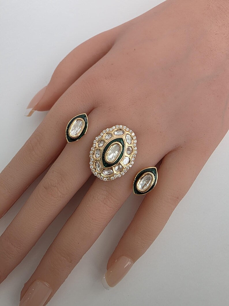 Green Bridal Fine Moissanite Kundan Ring/Two Finger Adjustable Ring/Statement Finger Ring, Indian Jewelry/Double Finger Ring, Cocktail Ring