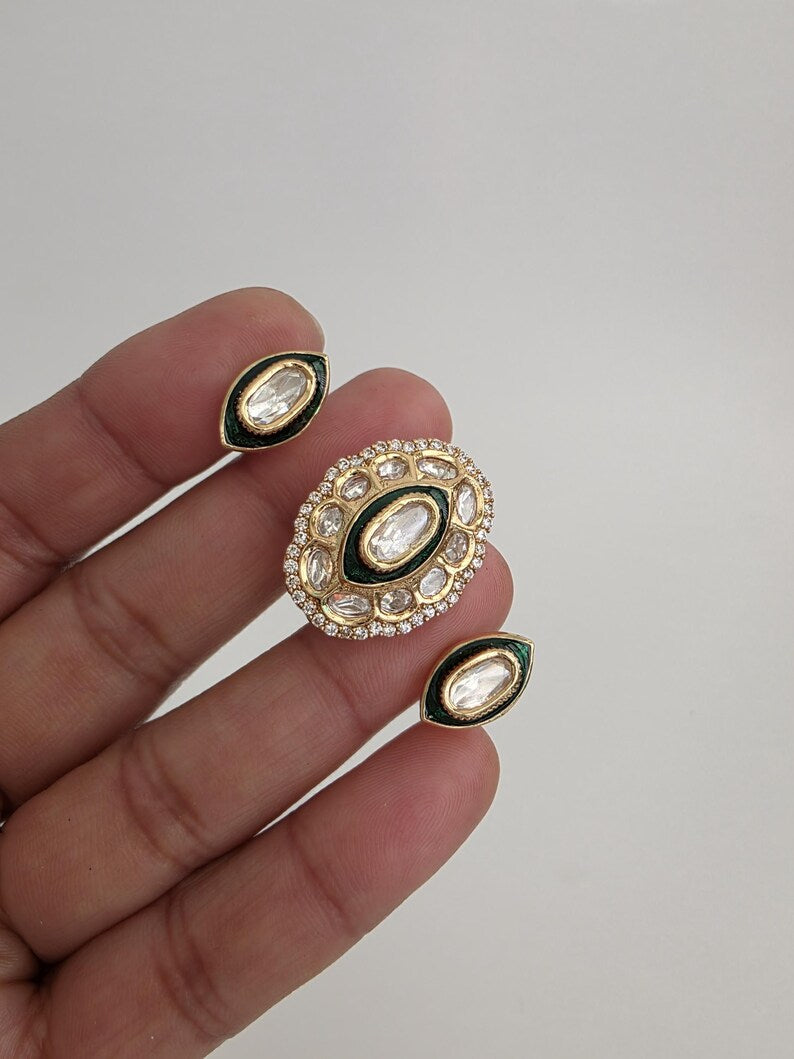 Green Bridal Fine Moissanite Kundan Ring/Two Finger Adjustable Ring/Statement Finger Ring, Indian Jewelry/Double Finger Ring, Cocktail Ring