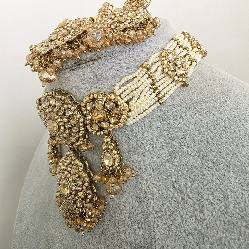 Champagne Antique Shadow Stone Pearl Necklace with earrings and tikka Bridal necklace Indian Pakistani Punjabi Wedding Jewelry