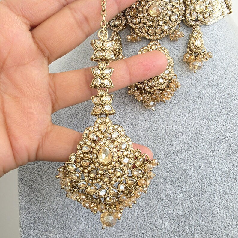 Champagne Antique Shadow Stone Pearl Necklace with earrings and tikka Bridal necklace Indian Pakistani Punjabi Wedding Jewelry