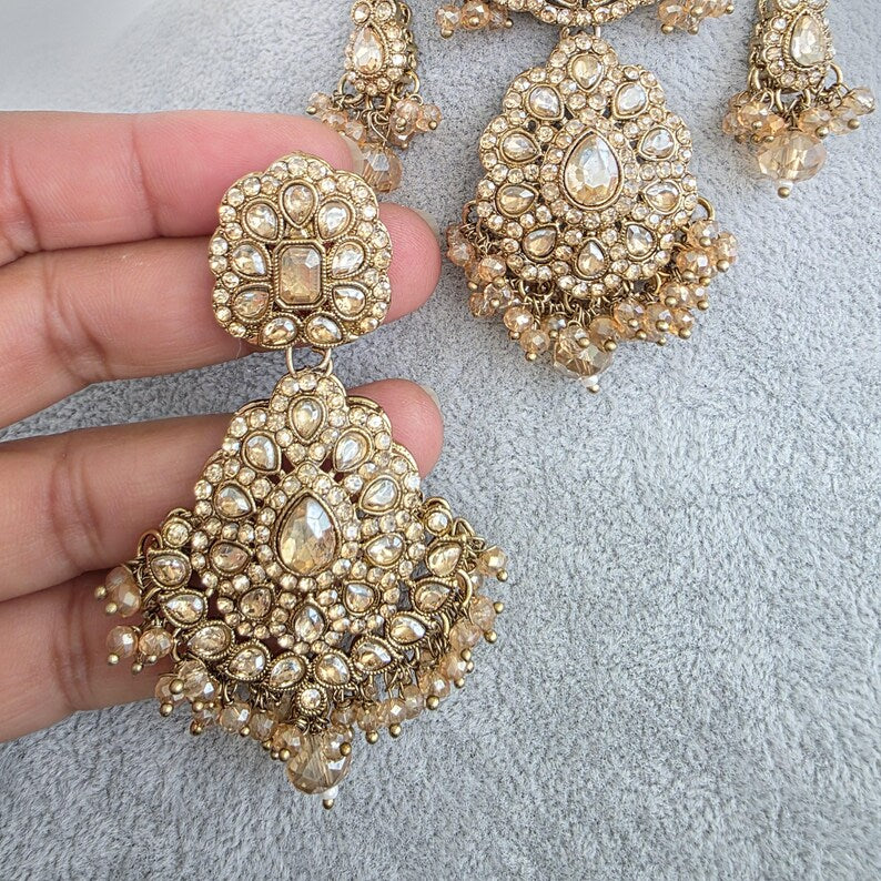 Champagne Antique Shadow Stone Pearl Necklace with earrings and tikka Bridal necklace Indian Pakistani Punjabi Wedding Jewelry