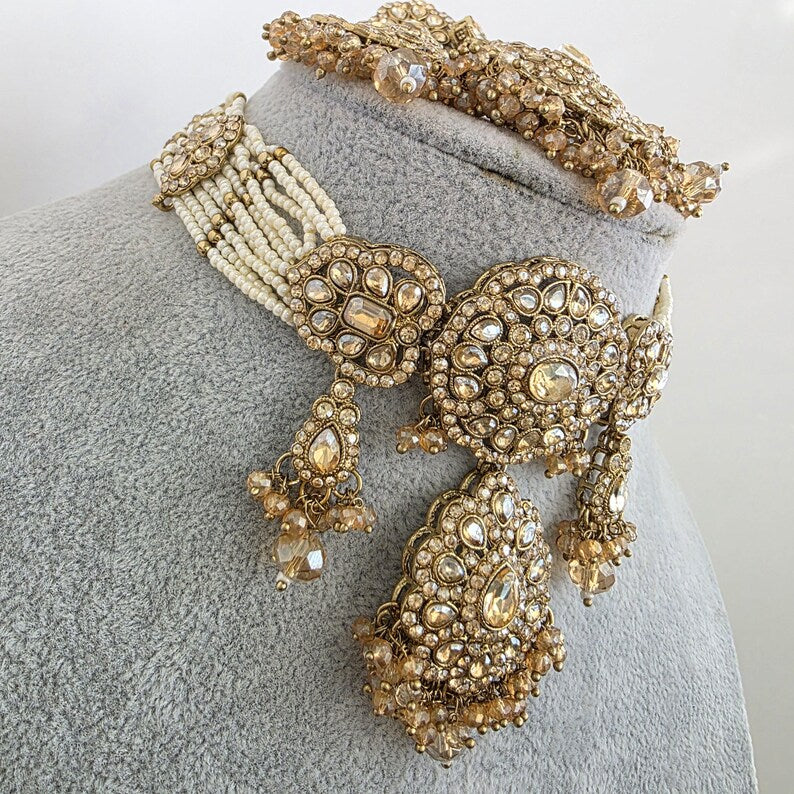 Champagne Antique Shadow Stone Pearl Necklace with earrings and tikka Bridal necklace Indian Pakistani Punjabi Wedding Jewelry