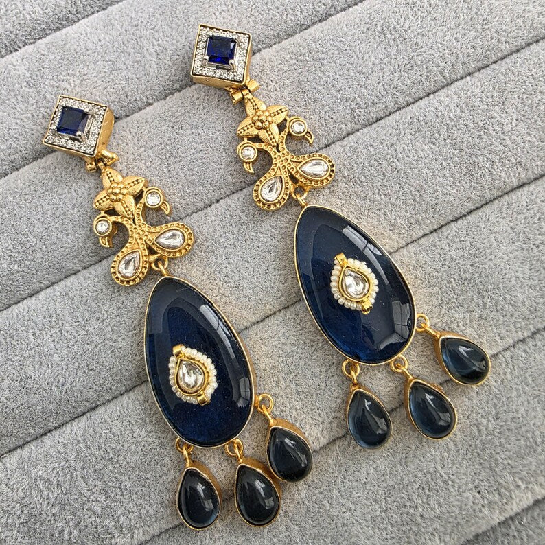 Blue Amrapali-inspired Long Gold Fusion Heritage Indian Earrings, Antique Earring With Gold Plating, Fusion earrings, Kundan Fusion Earring