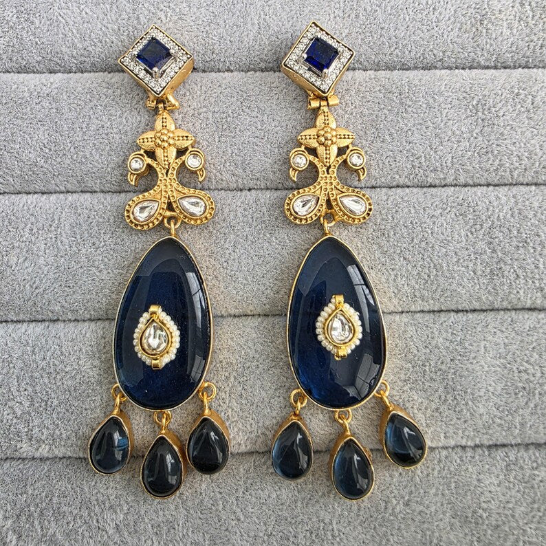 Blue Amrapali-inspired Long Gold Fusion Heritage Indian Earrings, Antique Earring With Gold Plating, Fusion earrings, Kundan Fusion Earring