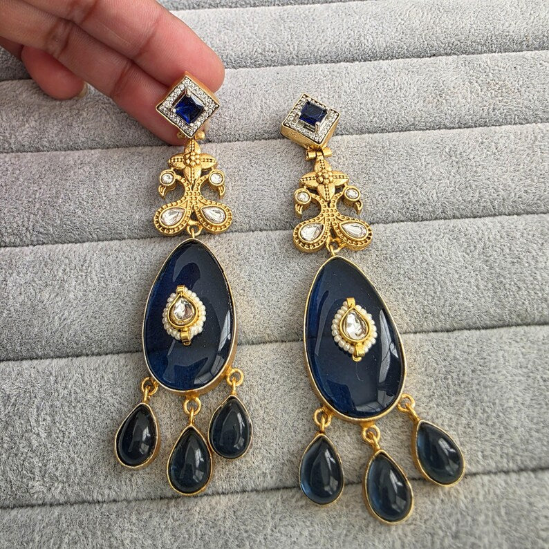 Blue Amrapali-inspired Long Gold Fusion Heritage Indian Earrings, Antique Earring With Gold Plating, Fusion earrings, Kundan Fusion Earring