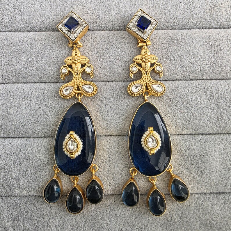 Blue Amrapali-inspired Long Gold Fusion Heritage Indian Earrings, Antique Earring With Gold Plating, Fusion earrings, Kundan Fusion Earring