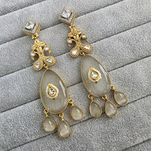 Off white Amrapali-inspired Long Gold Fusion Heritage Indian Earrings, Earring With Gold Plating, Fusion earrings, Kundan Fusion Earring