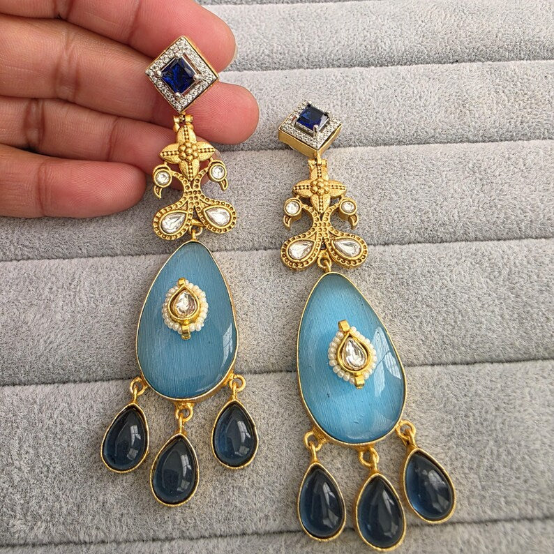 Blue Amrapali-inspired Long Gold Fusion Heritage Indian Earrings, Earring With Gold Plating, Fusion earrings, Kundan Fusion Earring