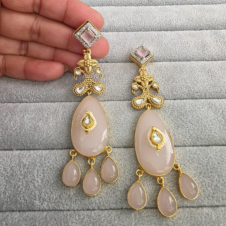 Baby Pink Amrapali-inspired Long Gold Fusion Heritage Indian Earrings, Earring With Gold Plating, Fusion earrings, Kundan Fusion Earring