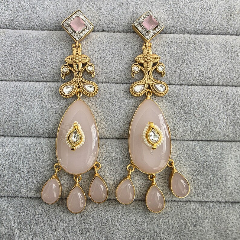Baby Pink Amrapali-inspired Long Gold Fusion Heritage Indian Earrings, Earring With Gold Plating, Fusion earrings, Kundan Fusion Earring