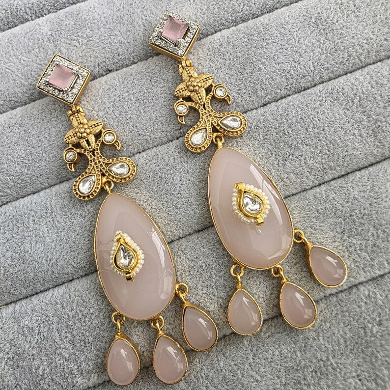 Baby Pink Amrapali-inspired Long Gold Fusion Heritage Indian Earrings, Earring With Gold Plating, Fusion earrings, Kundan Fusion Earring