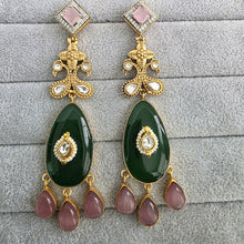 Green Pink Amrapali-inspired Long Gold Fusion Heritage Indian Earrings, Earring With Gold Plating, Fusion earrings, Kundan Fusion Earring
