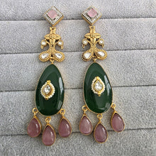 Green Pink Amrapali-inspired Long Gold Fusion Heritage Indian Earrings, Earring With Gold Plating, Fusion earrings, Kundan Fusion Earring