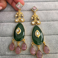 Green Pink Amrapali-inspired Long Gold Fusion Heritage Indian Earrings, Earring With Gold Plating, Fusion earrings, Kundan Fusion Earring