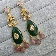 Green Pink Amrapali-inspired Long Gold Fusion Heritage Indian Earrings, Earring With Gold Plating, Fusion earrings, Kundan Fusion Earring