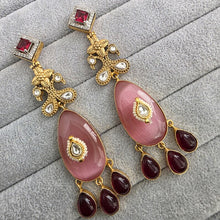 Ruby Pink Amrapali-inspired Long Gold Fusion Heritage Indian Earrings, Earring With Gold Plating, Fusion earrings, Kundan Fusion Earring