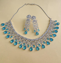 Aqua Blue CZ diamond Bridal Necklace Jewelry,Indian Pakistani wedding Jewelry,Mother of the Bride,Teardrop Crystal Necklace, Bridesmaid,Gift