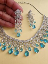 Aqua Blue CZ diamond Bridal Necklace Jewelry,Indian Pakistani wedding Jewelry,Mother of the Bride,Teardrop Crystal Necklace, Bridesmaid,Gift