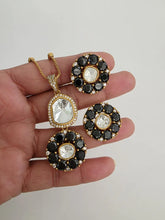 Black Moissanite Uncut Polki Kundan chain Pendant Necklace/Gold Long necklace/Mala/Indian wedding, Pearl necklace, Bollywood Gift for her