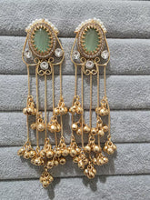 Mint Green Kashmiri Long earrings, Gold-plated Long Ghungroo Dangler Earrings/Brass/Ethnic Gungroo earring/Trendy earring Statement earring
