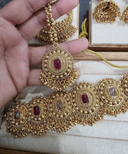 Ruby One Gram Antique Gold Choker Necklace/Punjabi necklace with Jhumka, Tikka, and Passa /Wedding necklace/Gold Necklace/Indian necklace
