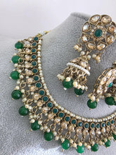 Green Antique Shadow Stone Pearl Necklace with earrings and tikka, Stone necklace Indian Pakistani Punjabi Wedding Jewelry