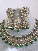 Green Antique Shadow Stone Pearl Necklace with earrings and tikka, Stone necklace Indian Pakistani Punjabi Wedding Jewelry