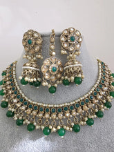 Green Antique Shadow Stone Pearl Necklace with earrings and tikka, Stone necklace Indian Pakistani Punjabi Wedding Jewelry
