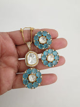 Blue Moissanite Uncut Polki Kundan chain Pendant Necklace/Gold Long necklace/Mala/Indian wedding, Pendant necklace, Bollywood Gift for her