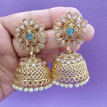 Aqua Blue Gold Plated Polki Jhumka/stone Jhumka/Indian Jewelry/Pakistani/Punjabi/Indian/Statement earring/Bridal earring/Indian wedding