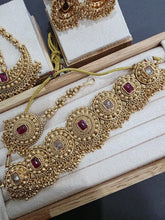 Ruby One Gram Antique Gold Choker Necklace/Punjabi necklace with Jhumka, Tikka, and Passa /Wedding necklace/Gold Necklace/Indian necklace