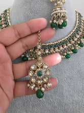 Green Antique Shadow Stone Pearl Necklace with earrings and tikka, Stone necklace Indian Pakistani Punjabi Wedding Jewelry