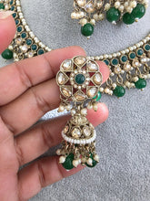 Green Antique Shadow Stone Pearl Necklace with earrings and tikka, Stone necklace Indian Pakistani Punjabi Wedding Jewelry