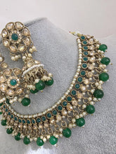 Green Antique Shadow Stone Pearl Necklace with earrings and tikka, Stone necklace Indian Pakistani Punjabi Wedding Jewelry