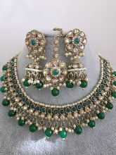 Green Antique Shadow Stone Pearl Necklace with earrings and tikka, Stone necklace Indian Pakistani Punjabi Wedding Jewelry