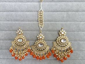 Orange Kundan Tikka Earrings Set /Indian Bridal Maang Tikka set/ Kundan earrings/ Jaggo, Mayya Jewelry/ Indian jewelry/ Bridesmaid Gift