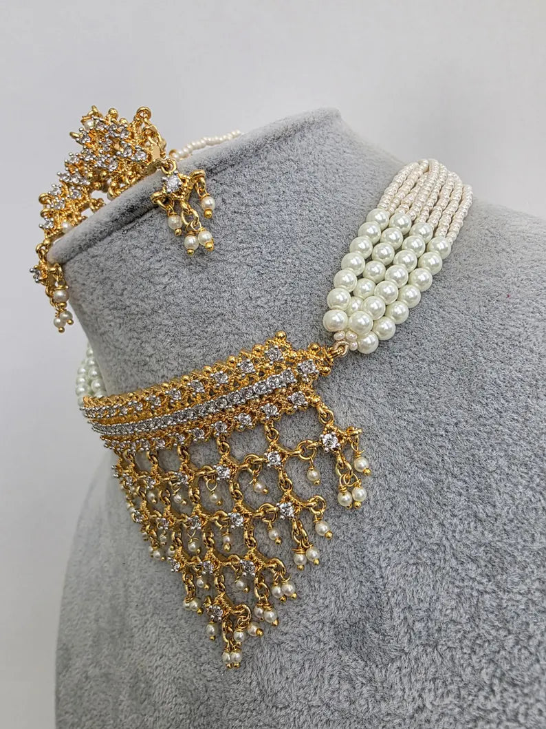 White Gold CZ Diamond Pearl Choker Necklace, indian wedding necklace, bridal jewelry, Punjabi Pakistani South Indian necklace