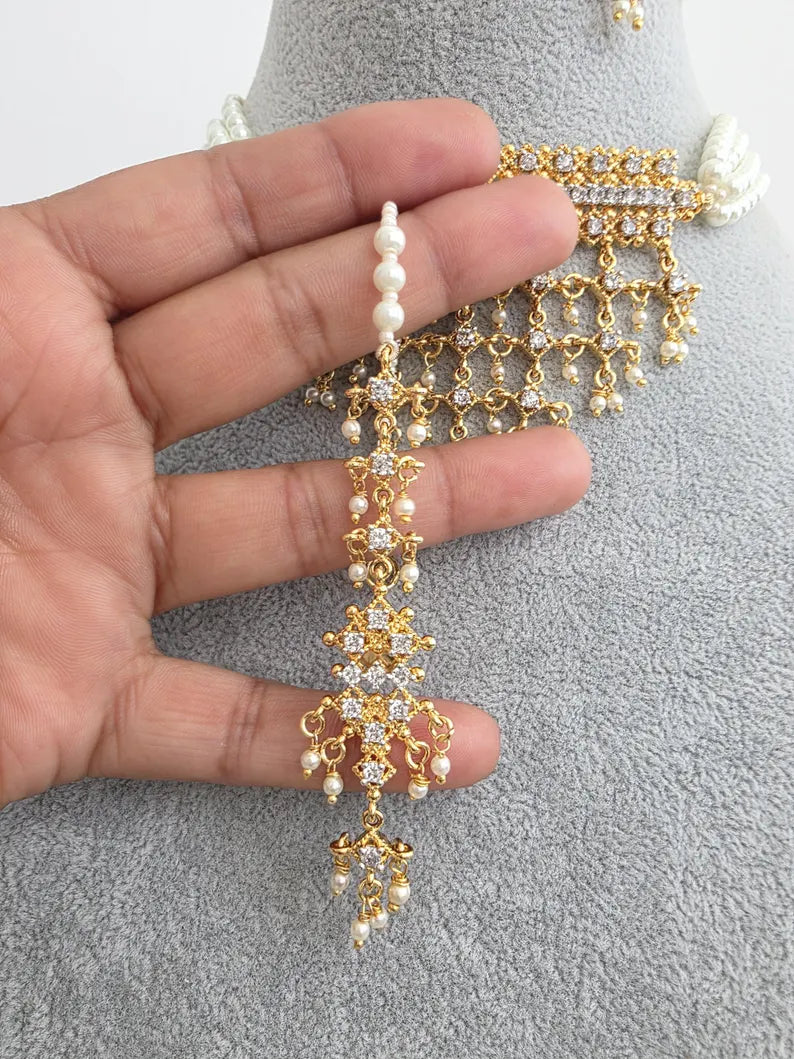 White Gold CZ Diamond Pearl Choker Necklace, indian wedding necklace, bridal jewelry, Punjabi Pakistani South Indian necklace