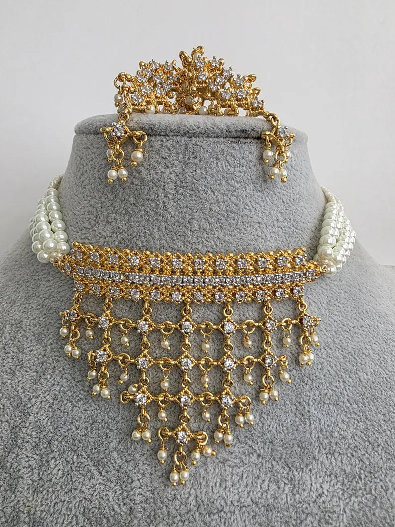 White Gold CZ Diamond Pearl Choker Necklace, indian wedding necklace, bridal jewelry, Punjabi Pakistani South Indian necklace