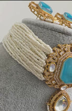 Aqua Blue Doublet Moissanite Pearl Kundan Necklace/Kundan Choker/Indian wedding/Bridal jewelry/Indian Wedding/Pakistani/Punjabi