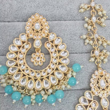 Aqua Blue Kundan Tikka w/ Earring Set- Indian Bridal Maang Tikka, Teeka, Tika Headpiece - Handmade Pearl Jewelry For Women - Bridesmaid Gift