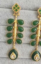 Green Amrapali-inspired Long Gold Fusion Heritage Indian Earrings, Antique Earring With Gold Plating, Fusion earrings, Kundan Fusion Earring