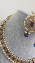 Navy Blue Antique Polki Kundan Pearl Necklace with earrings and tikka, bridal necklace, Indian Punjabi Pakistani Wedding Jewelry